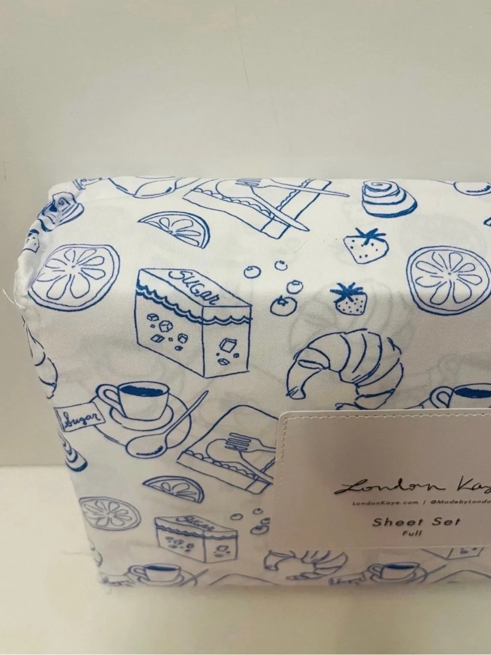 London Kaye Parisian Pastry Full Size Sheet Set White Blue Croissant Coffee